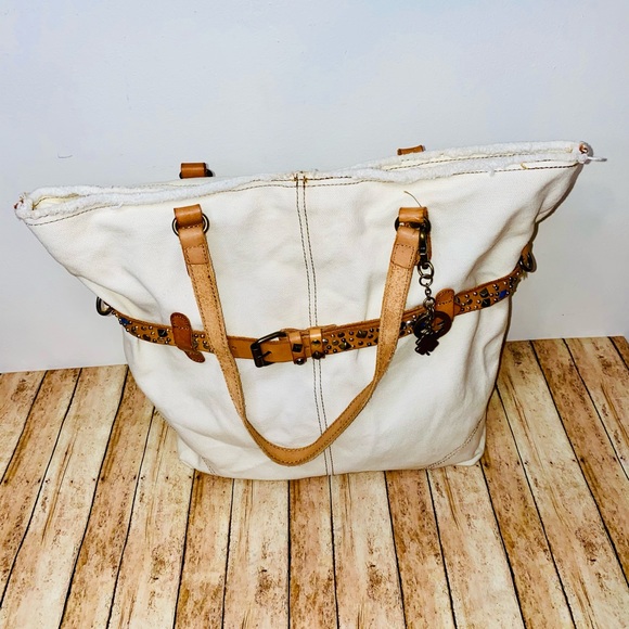 LUCKY BRAND Studs Belted Ivory 100% Cotton Large Tote Bag - Picture 2 of 6